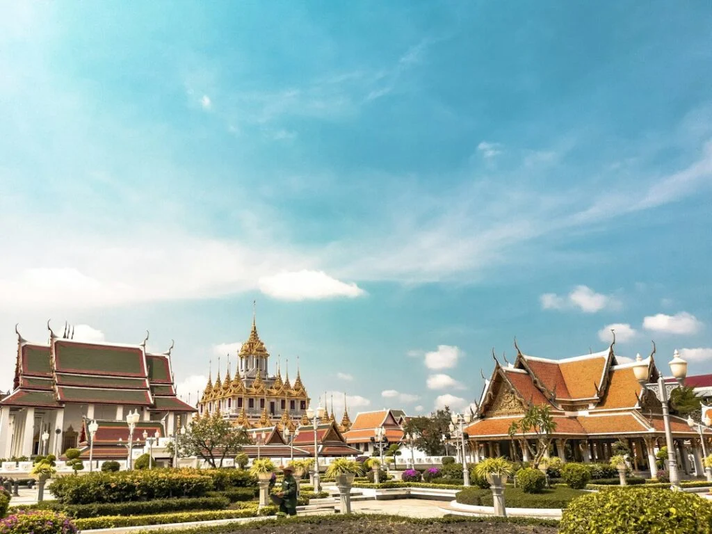 Temple buildings with orange roofs in Bangkok, Thailand