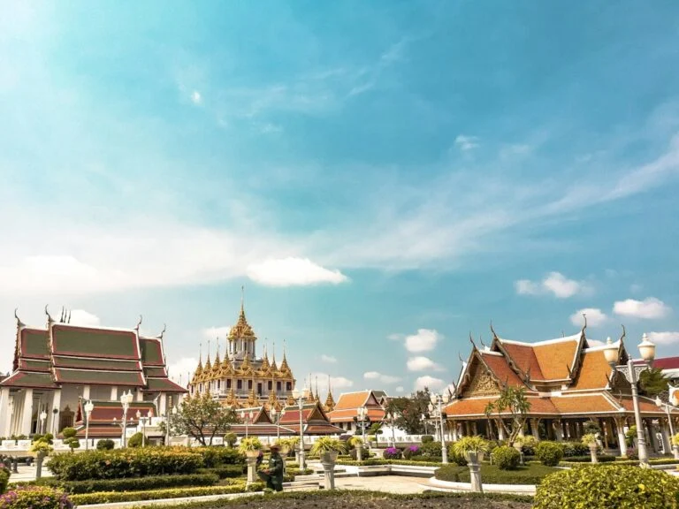 Temple buildings with orange roofs in Bangkok, Thailand