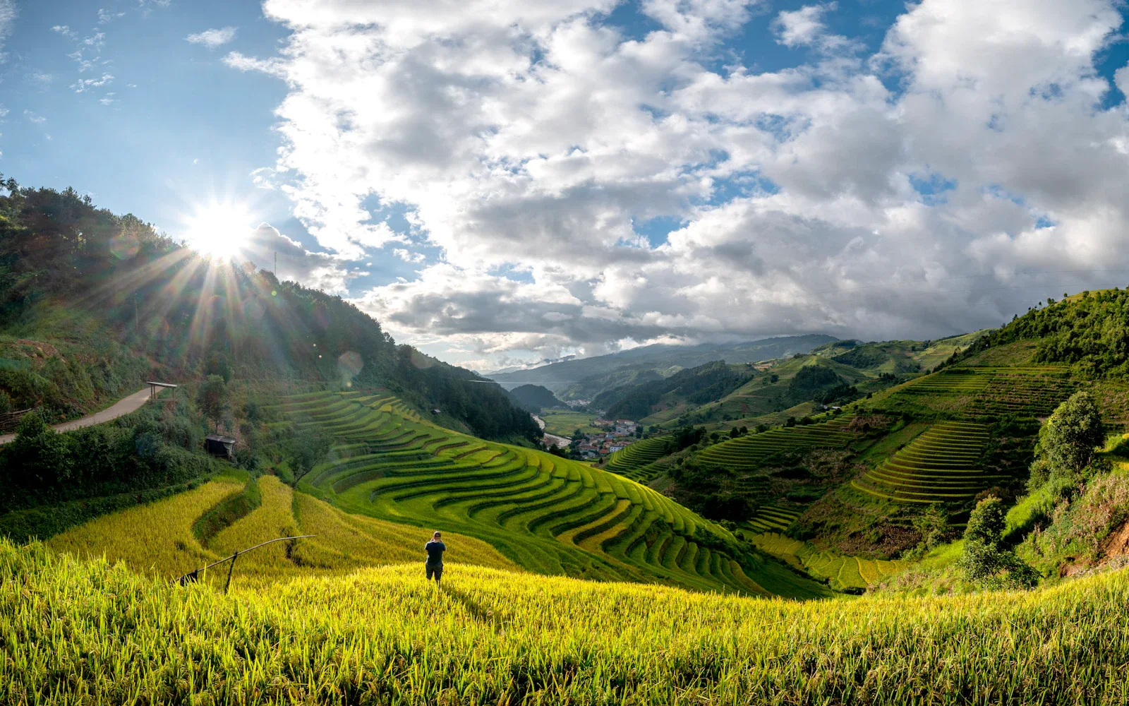 Sunlit rice terraces and mountain scenery in Mu Cang Chai, northern Vietnam